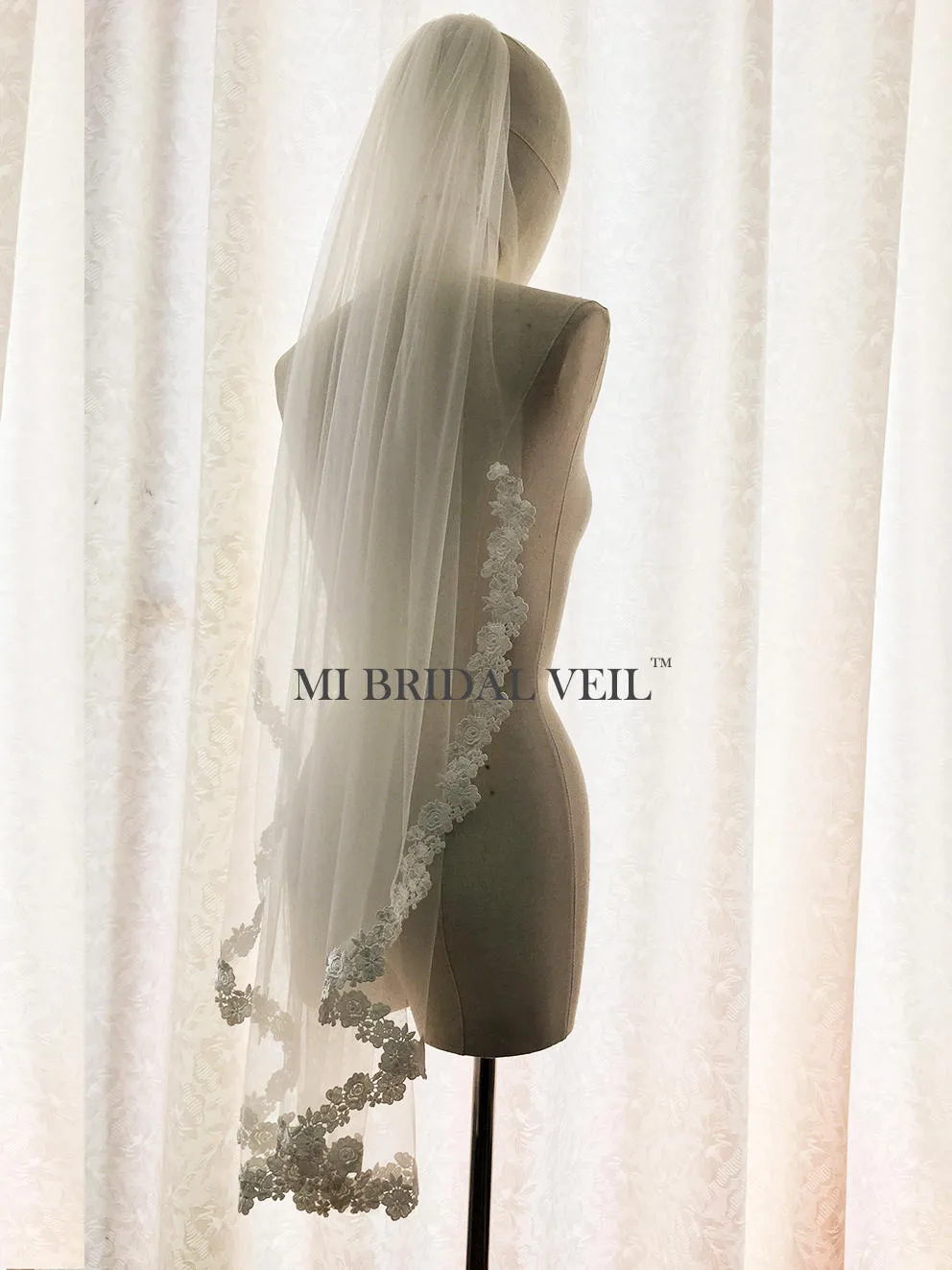 Lace Wedding Veil, Venice Rose Bridal Veil Lace at Chest Fingertip Mi Bridal