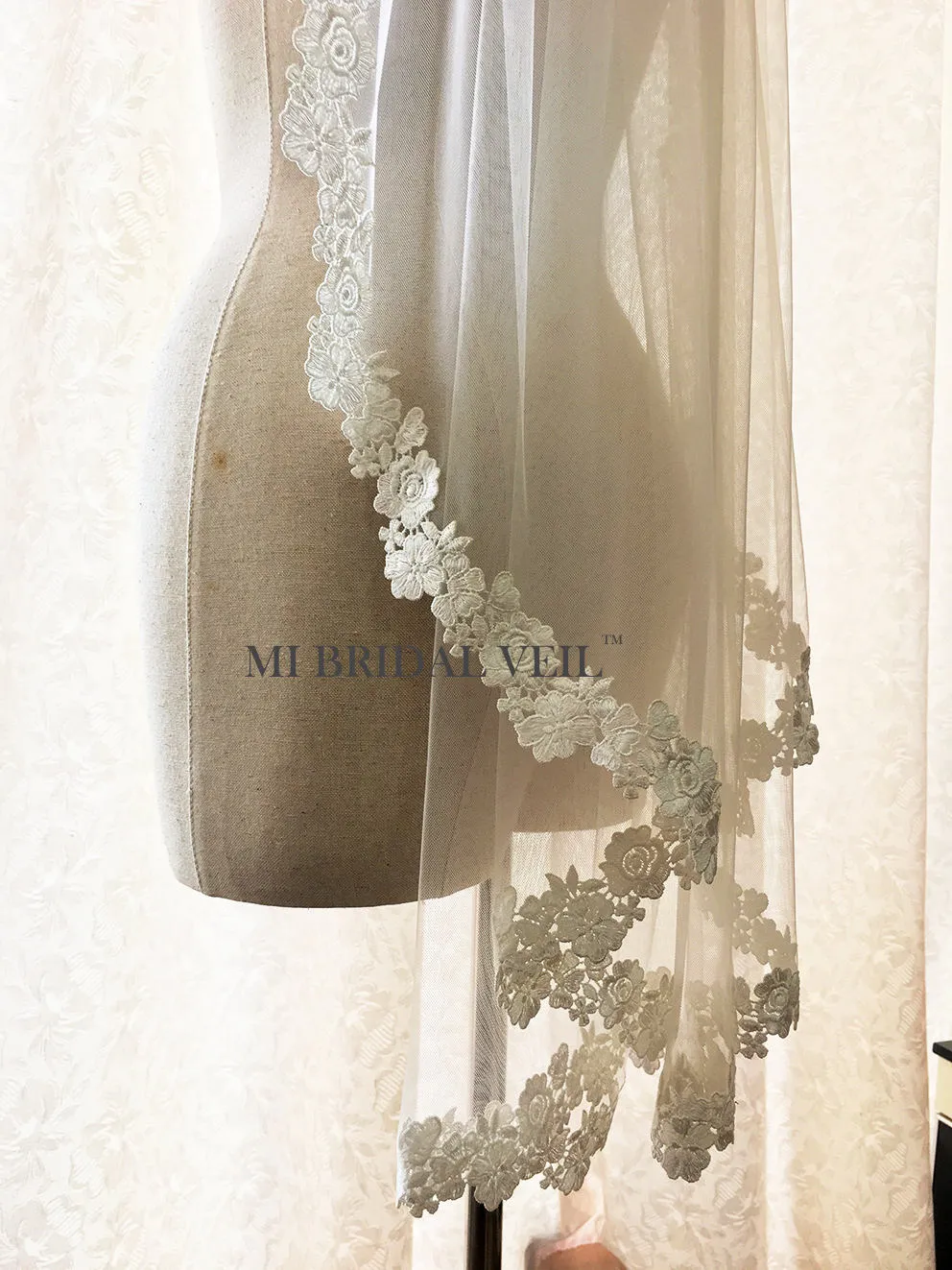 Lace Wedding Veil, Venice Rose Bridal Veil Lace at Chest Fingertip Mi Bridal