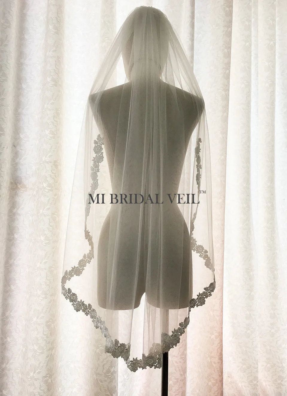 Lace Wedding Veil, Venice Rose Bridal Veil Lace at Chest Fingertip Mi Bridal