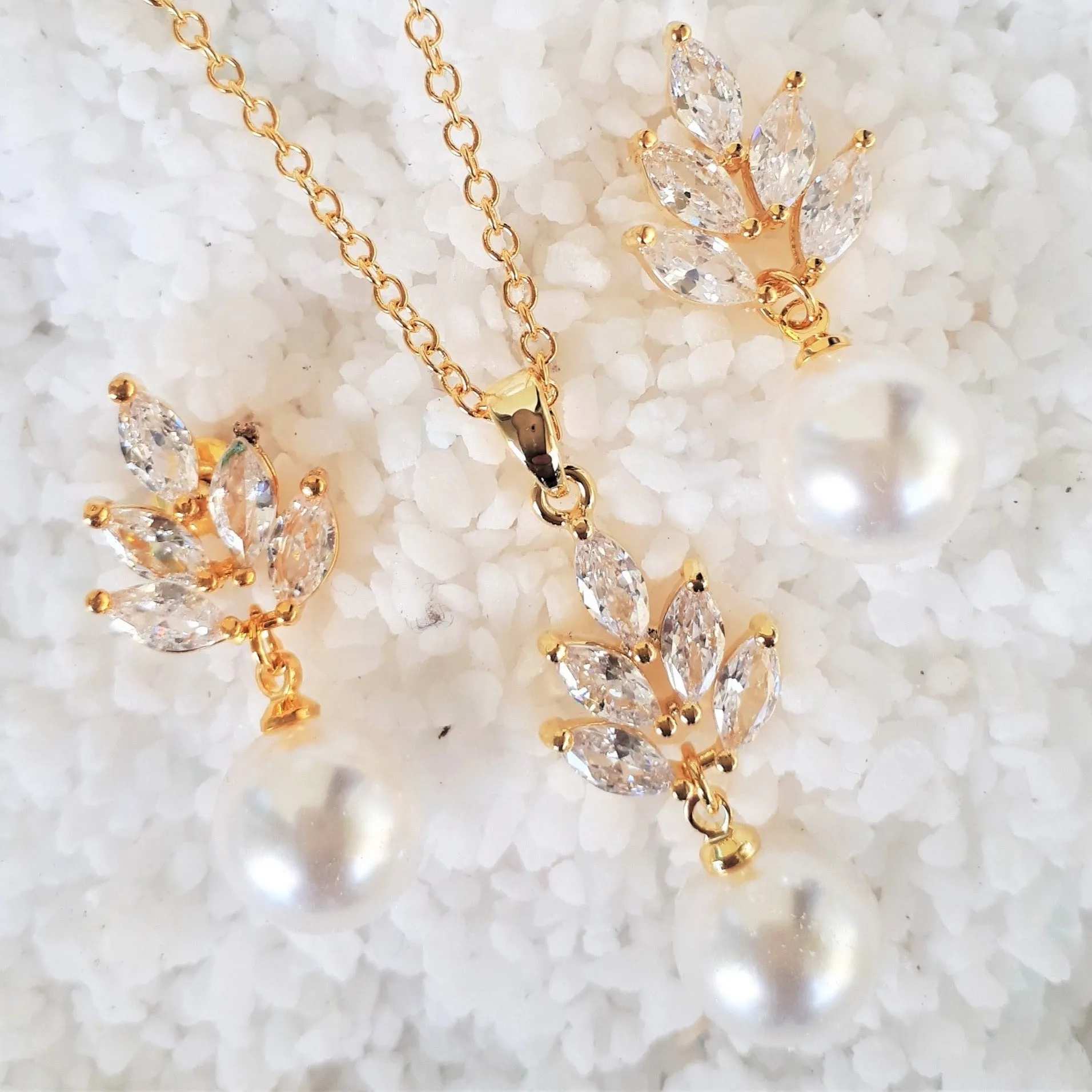 Leaf Jewellery Set, Gold Crystal and Pearl Drop Earrings with Pendant Necklace