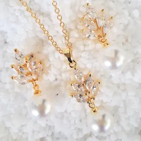 Leaf Jewellery Set, Gold Crystal and Pearl Drop Earrings with Pendant Necklace