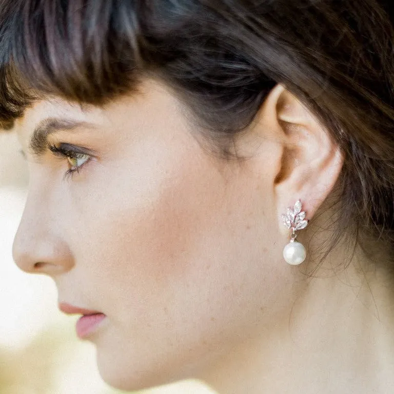 Leaf Jewellery Set, Gold Crystal and Pearl Drop Earrings with Pendant Necklace