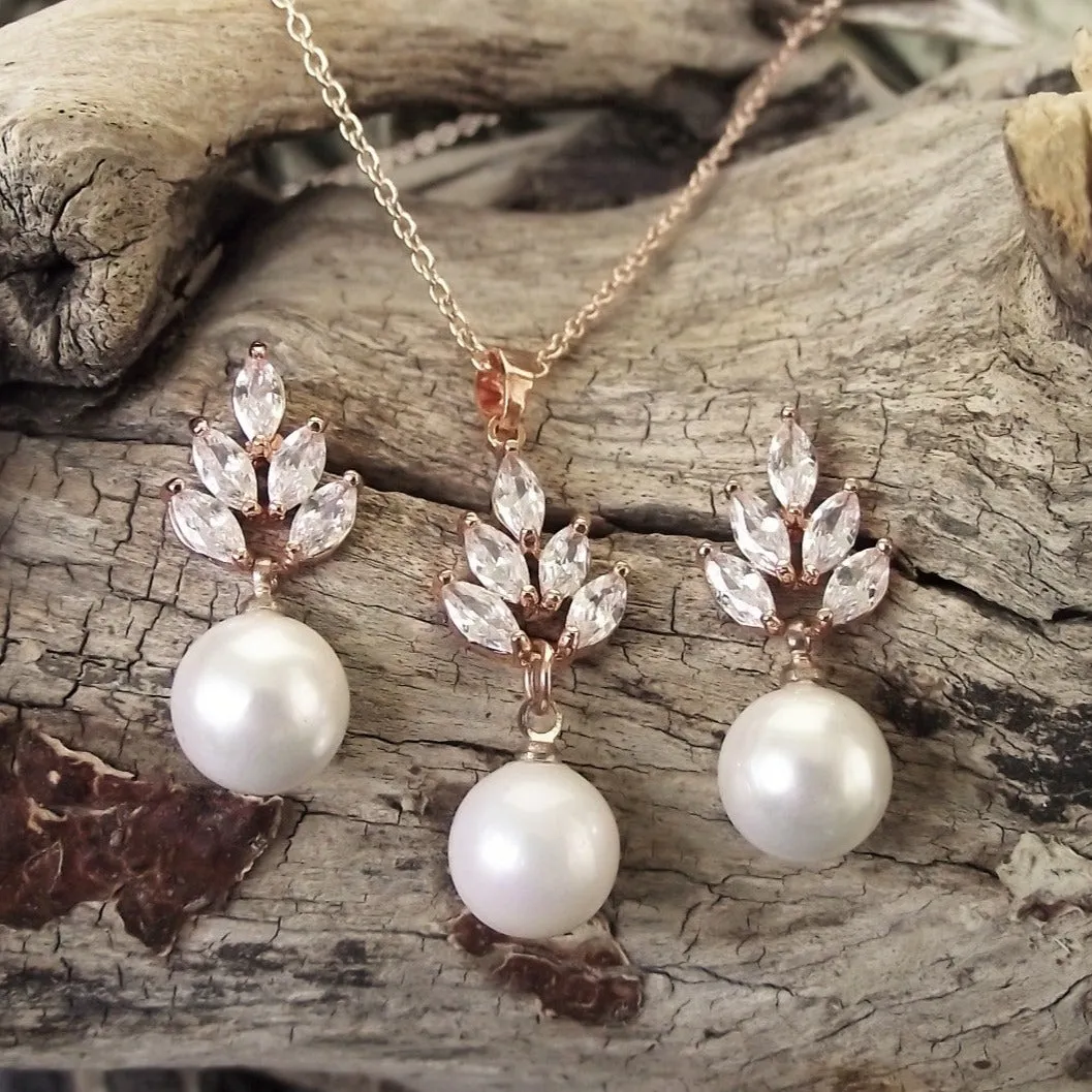 Leaf Jewellery Set, Rose Gold Crystal and Pearl Drop Earrings with Pendant Necklace