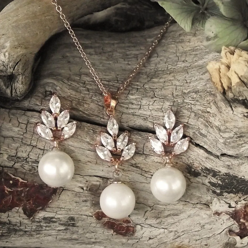 Leaf Jewellery Set, Rose Gold Crystal and Pearl Drop Earrings with Pendant Necklace
