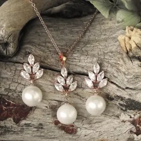 Leaf Jewellery Set, Rose Gold Crystal and Pearl Drop Earrings with Pendant Necklace