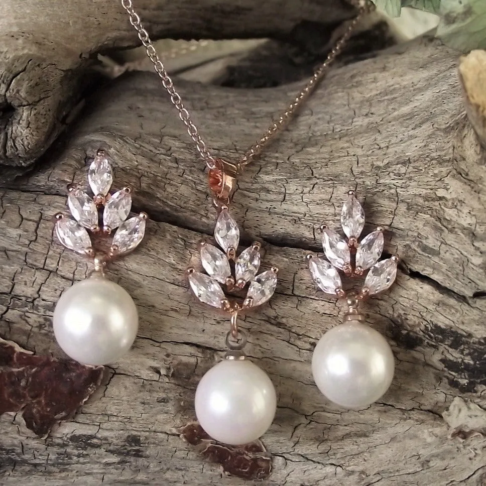 Leaf Jewellery Set, Rose Gold Crystal and Pearl Drop Earrings with Pendant Necklace