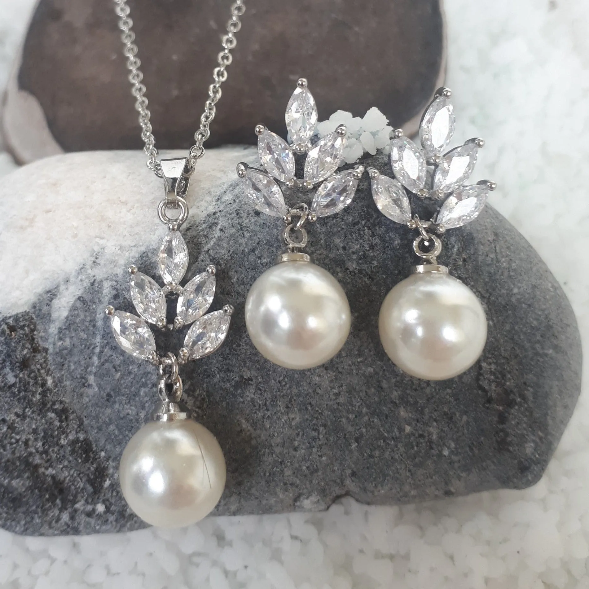 Leaf Jewellery Set, Silver Crystal and Pearl Drop Earrings with Pendant Necklace