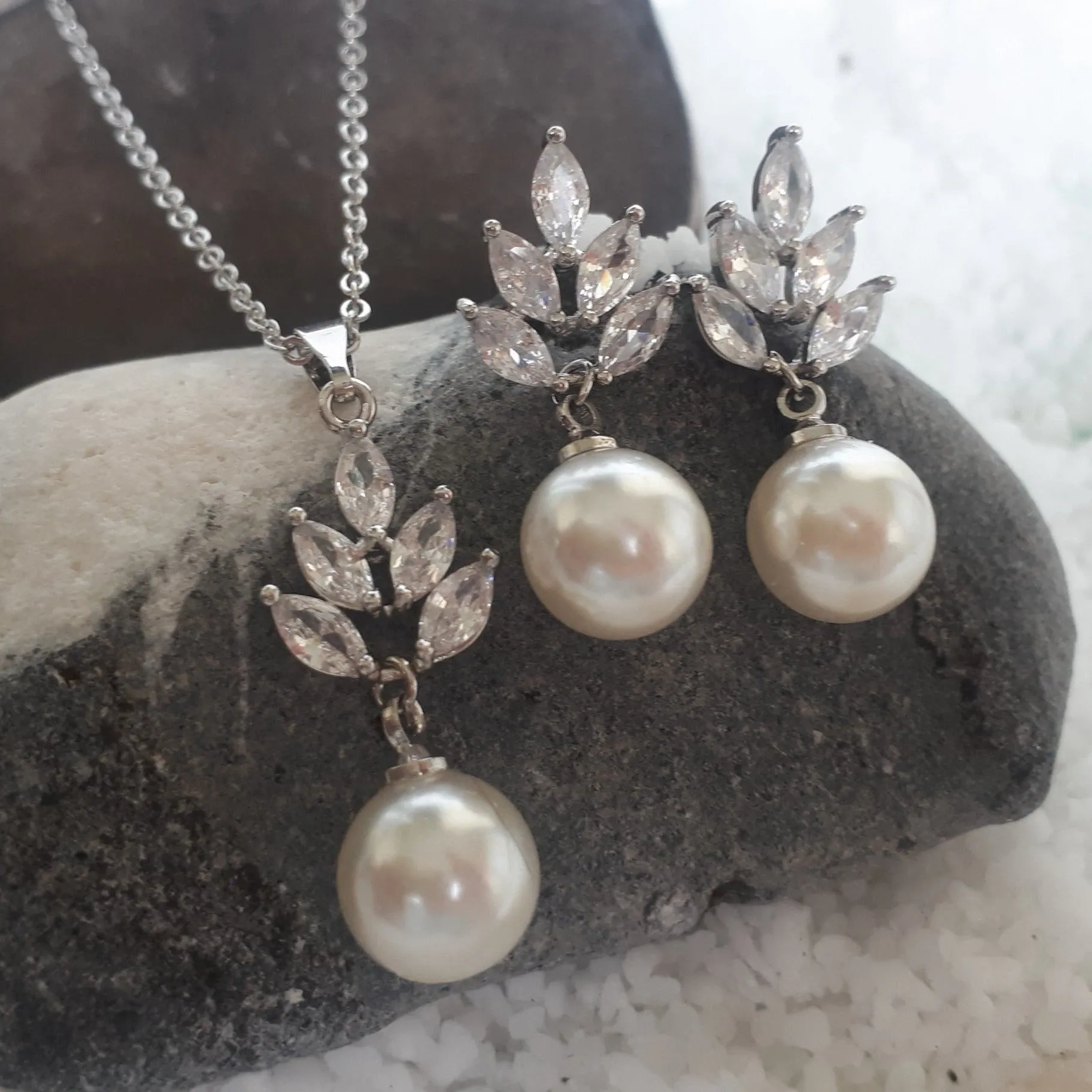 Leaf Jewellery Set, Silver Crystal and Pearl Drop Earrings with Pendant Necklace