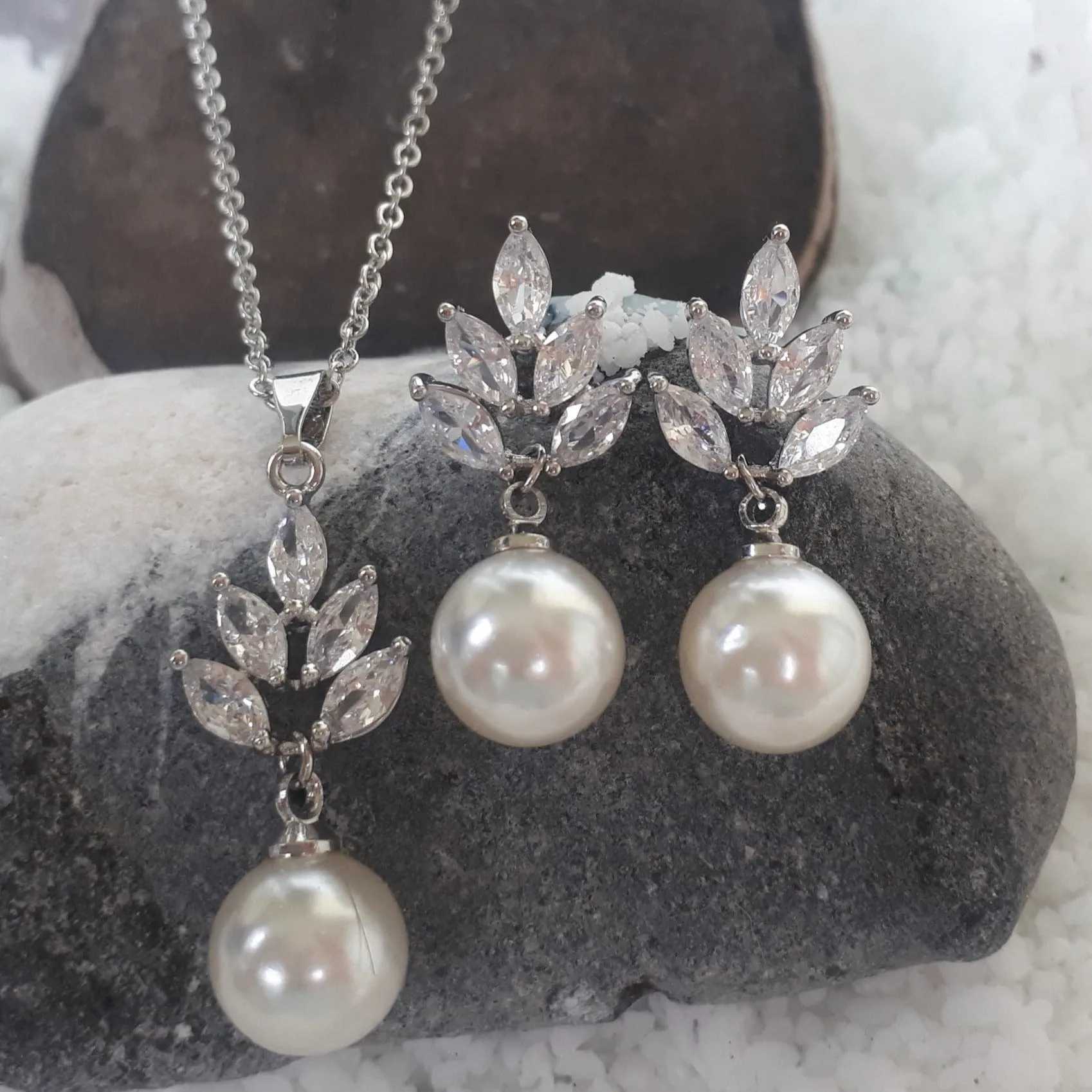 Leaf Jewellery Set, Silver Crystal and Pearl Drop Earrings with Pendant Necklace