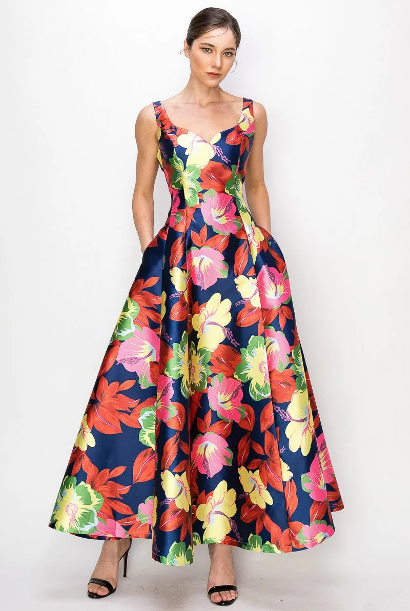 Navy Floral Flower Print Heart Neckline Sleeveless Maxi Skirt
