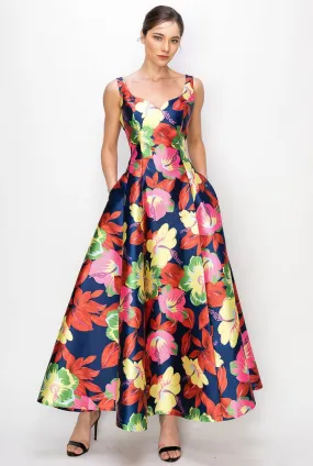 Navy Floral Flower Print Heart Neckline Sleeveless Maxi Skirt