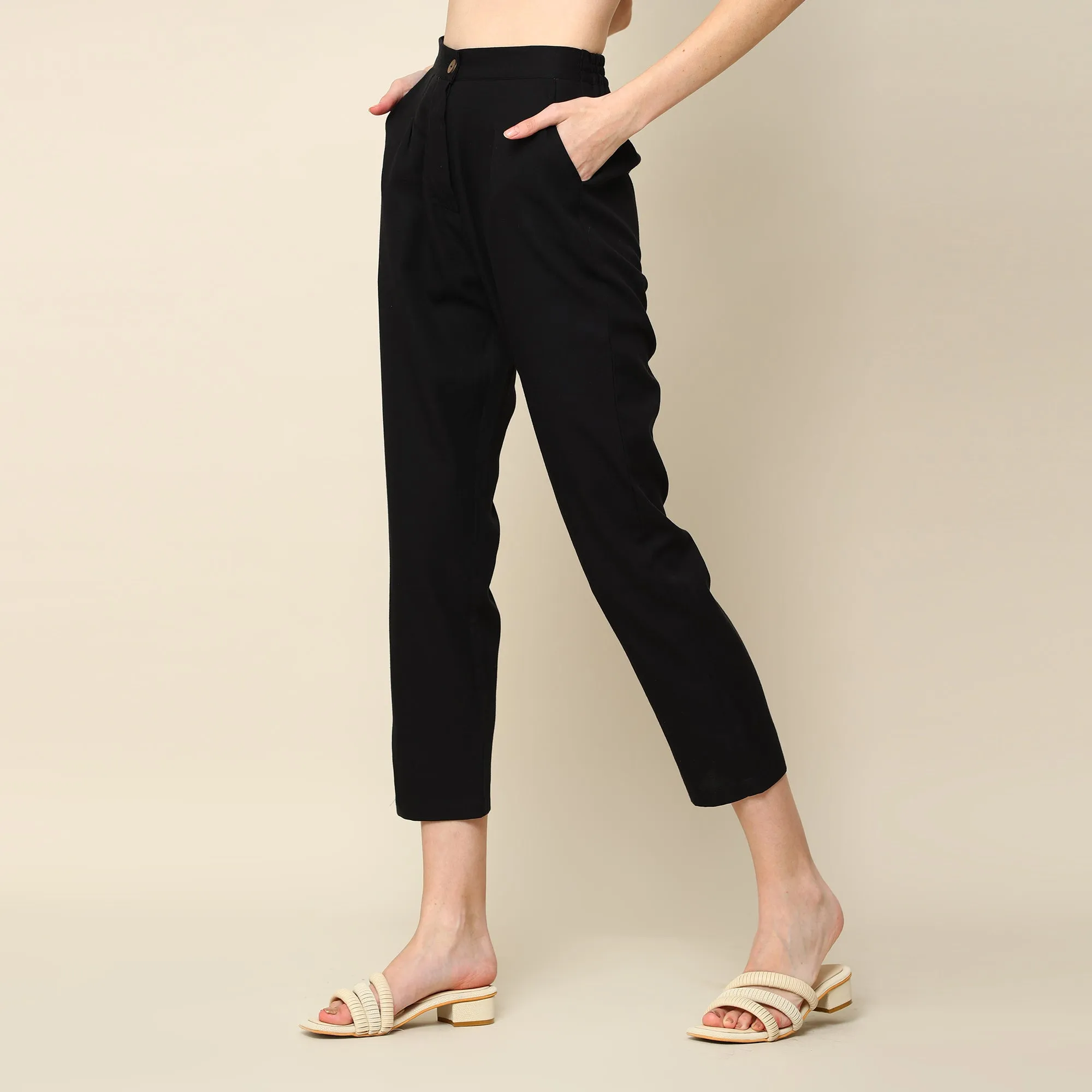 Olive Green Front Pleat Top & Black Pant | Office-Ready | Set Of 2