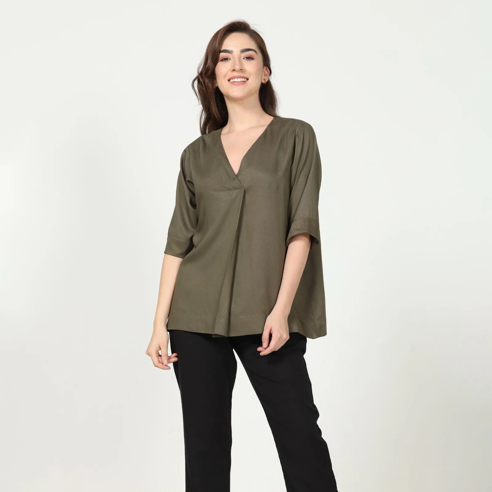 Olive Green Front Pleat Top & Black Pant | Office-Ready | Set Of 2