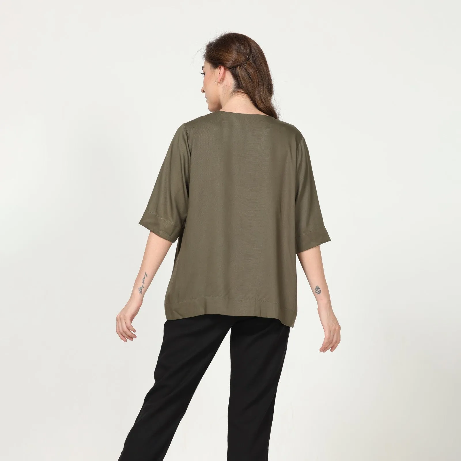 Olive Green Front Pleat Top & Black Pant | Office-Ready | Set Of 2