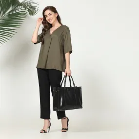 Olive Green Front Pleat Top & Black Pant | Office-Ready | Set Of 2