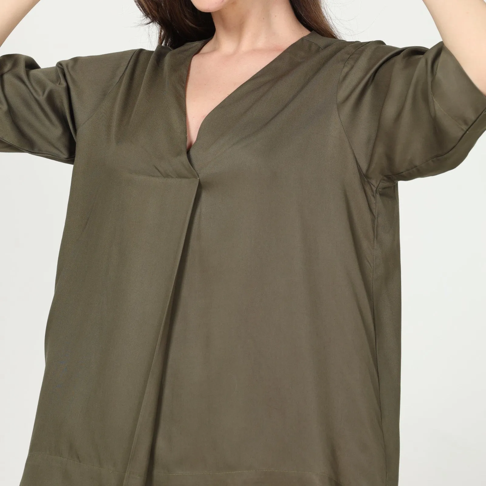 Olive Green Front Pleat Top & Black Pant | Office-Ready | Set Of 2