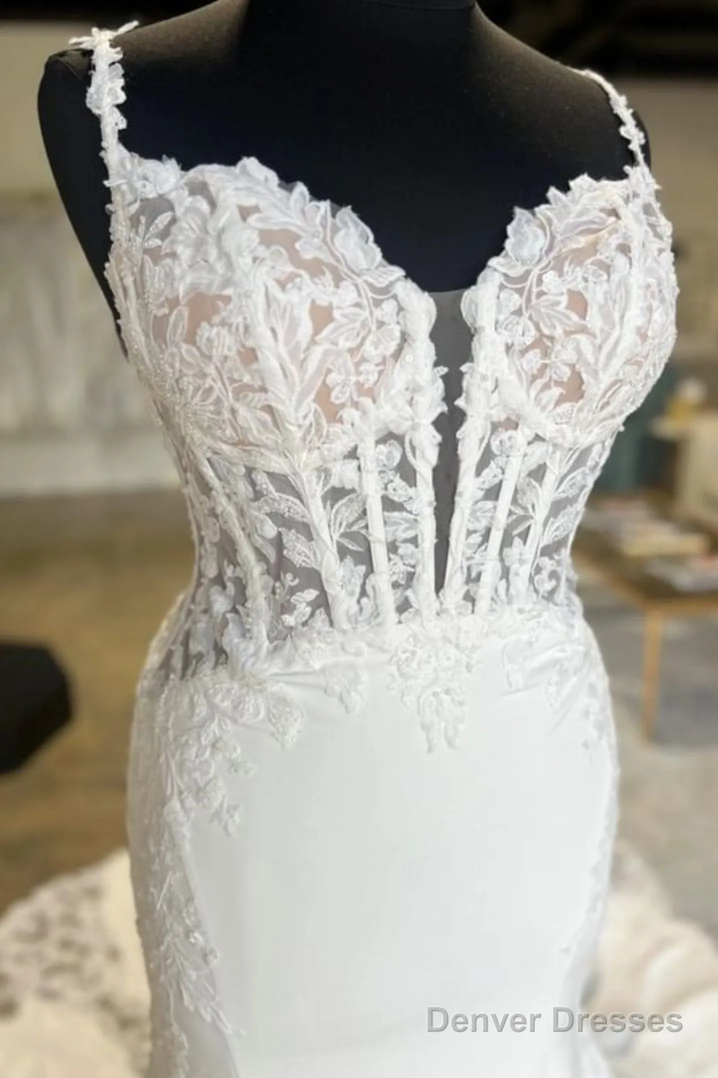 Open Back V Neck Mermaid White Lace Long Prom Dresses With Train, White Lace Wedding Dresses, White Formal Evening Dresses A2132