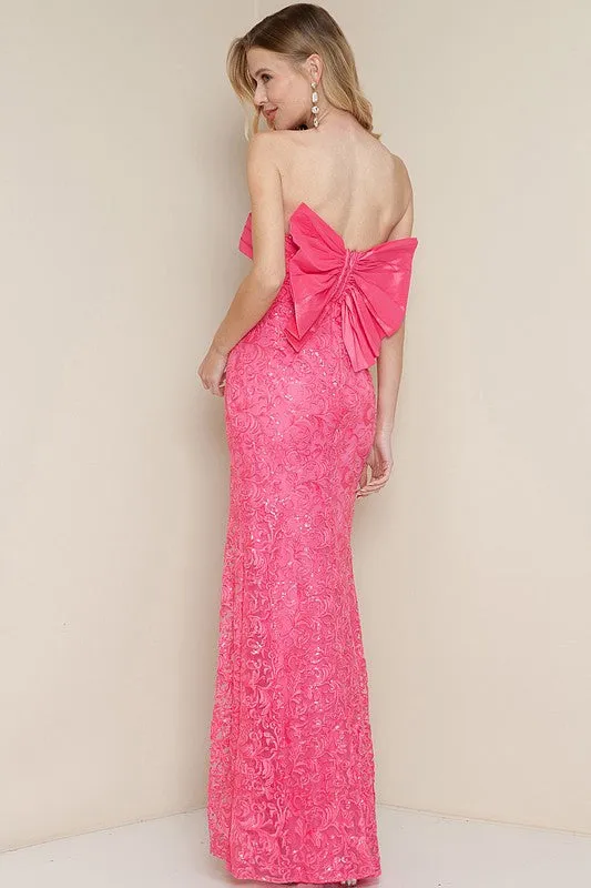 Pink Strapless Slit Side Bow Back Maxi Dress