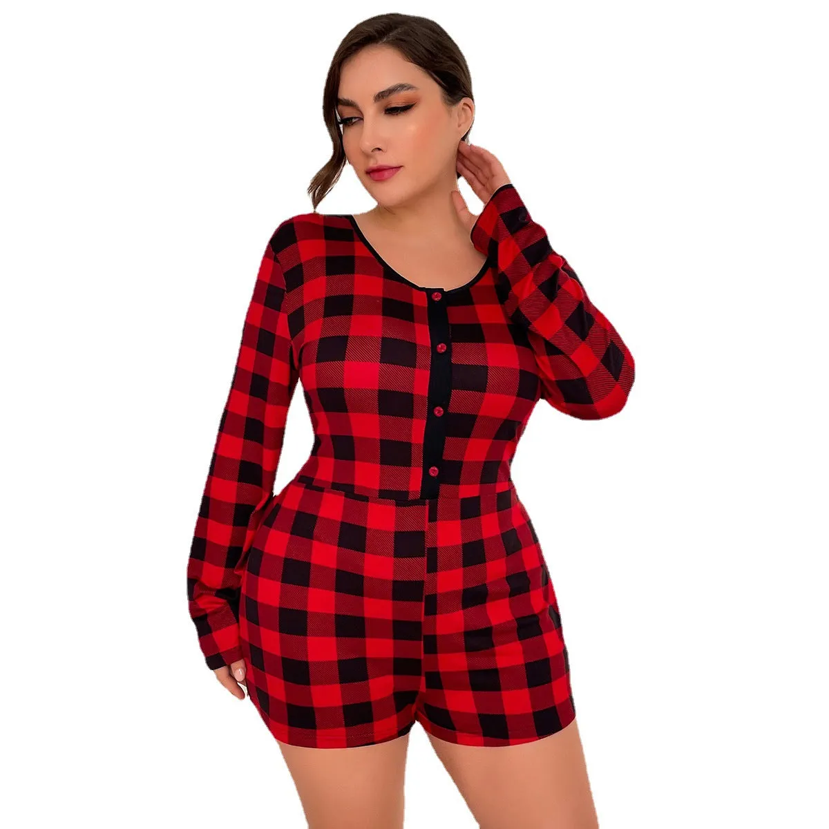 Plus Size Homewear Women Summer Slim Fit Sexy Red Plaid Long Sleeve Shorts Pajamas