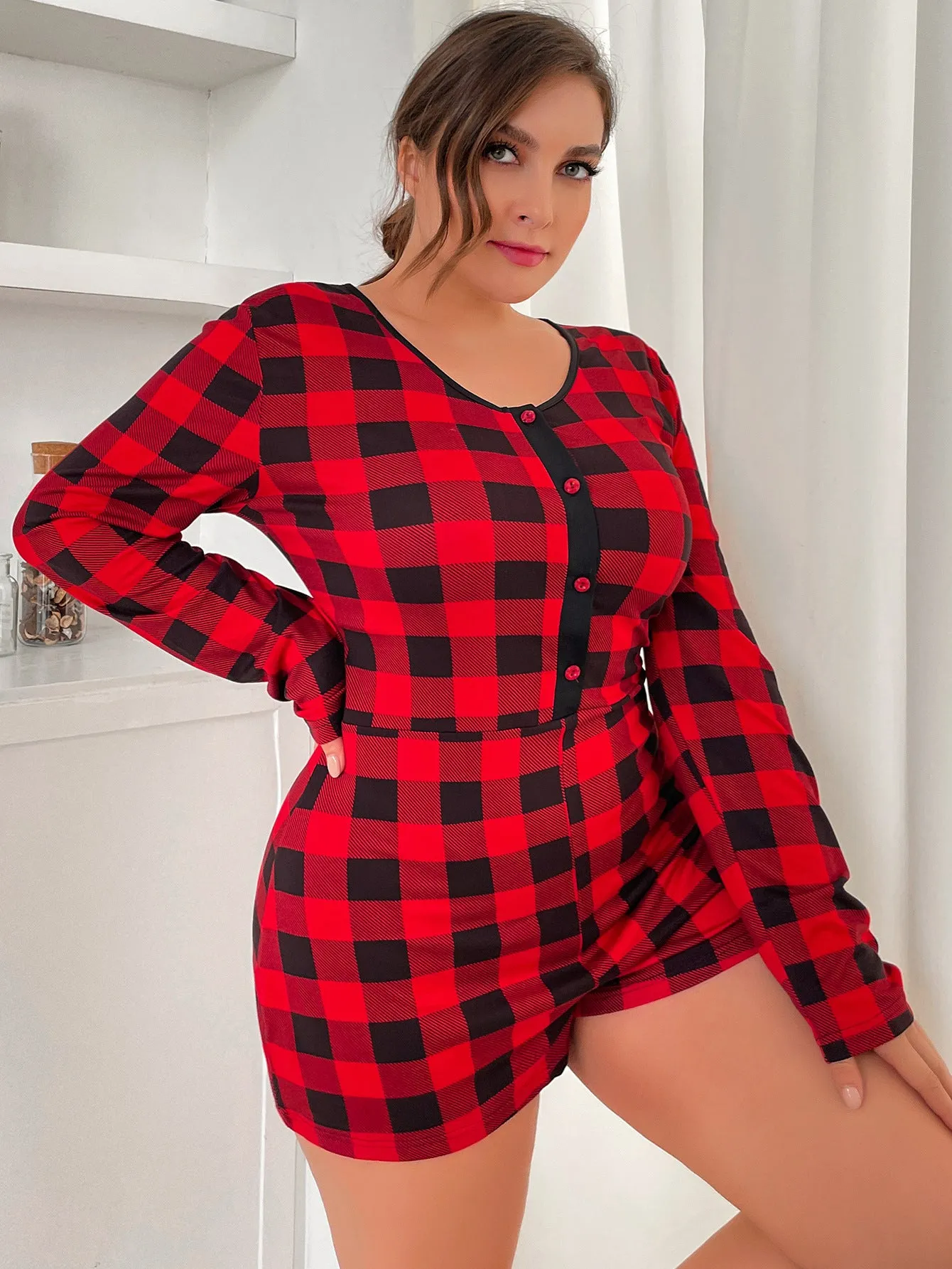 Plus Size Homewear Women Summer Slim Fit Sexy Red Plaid Long Sleeve Shorts Pajamas