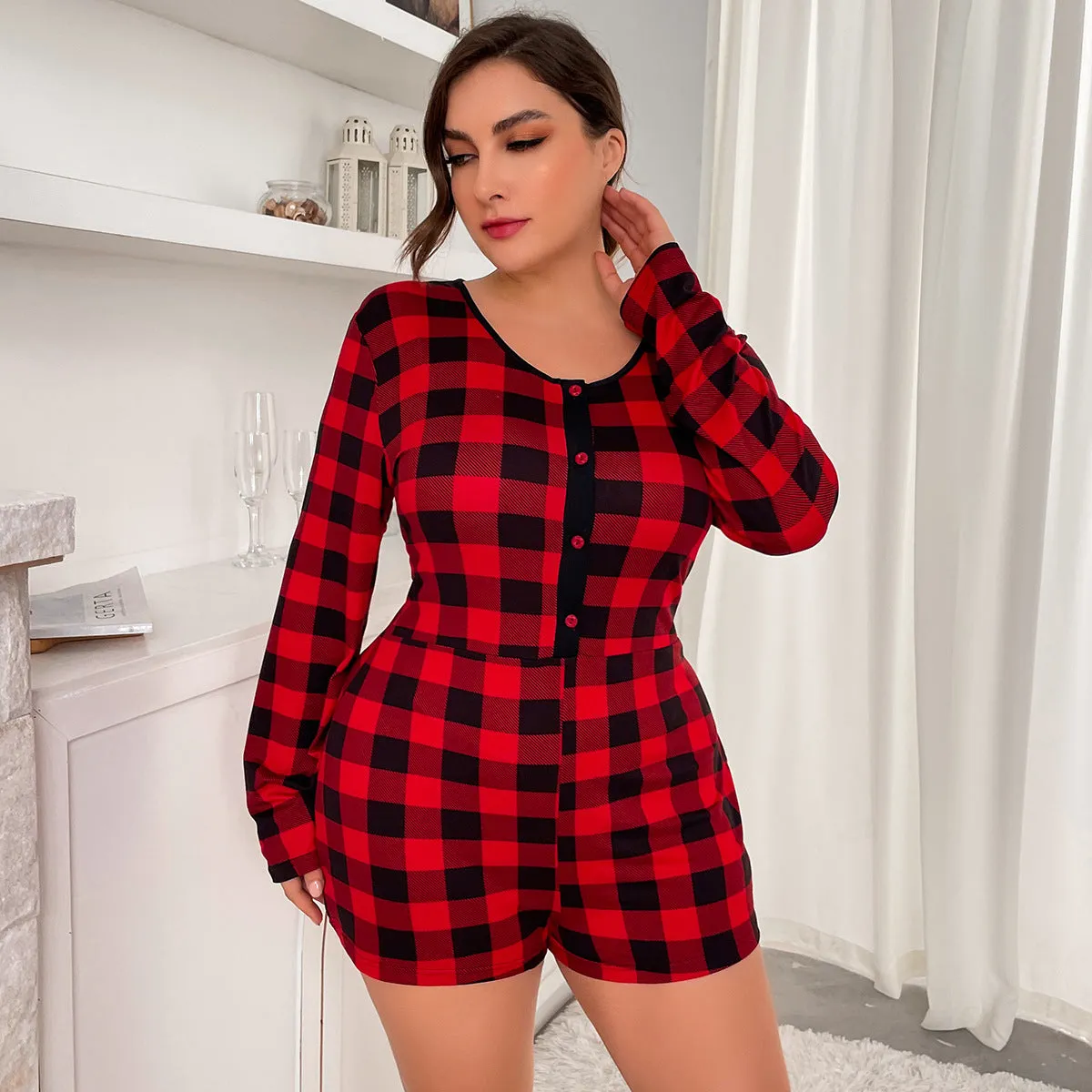 Plus Size Homewear Women Summer Slim Fit Sexy Red Plaid Long Sleeve Shorts Pajamas