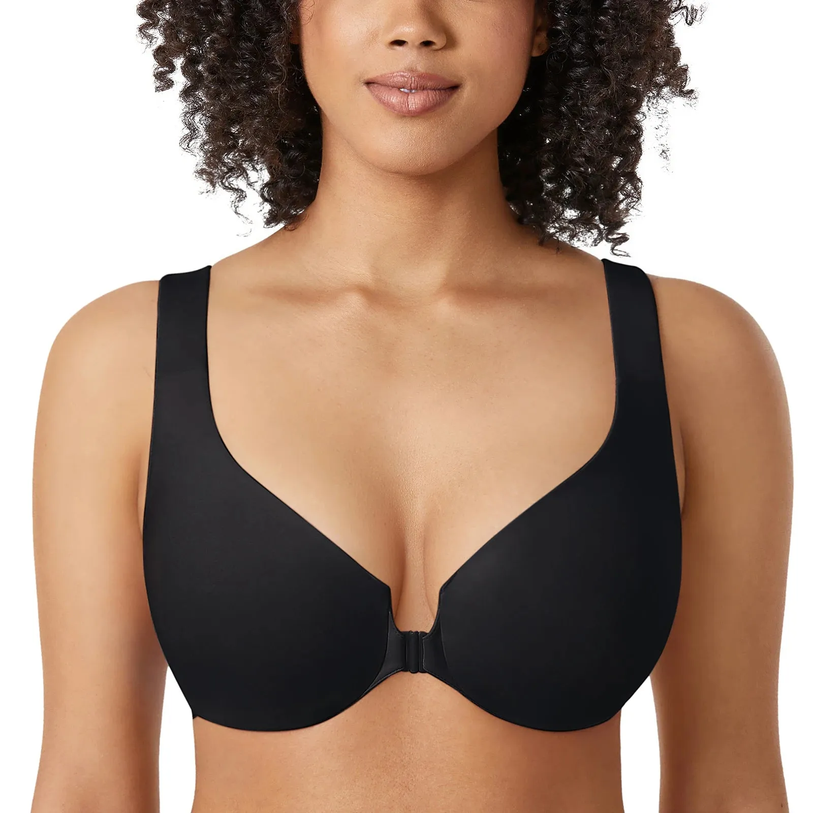 Plus Size Seamless Front Closure Bra | Full Coverage Racerback Non-Padded Plunge
