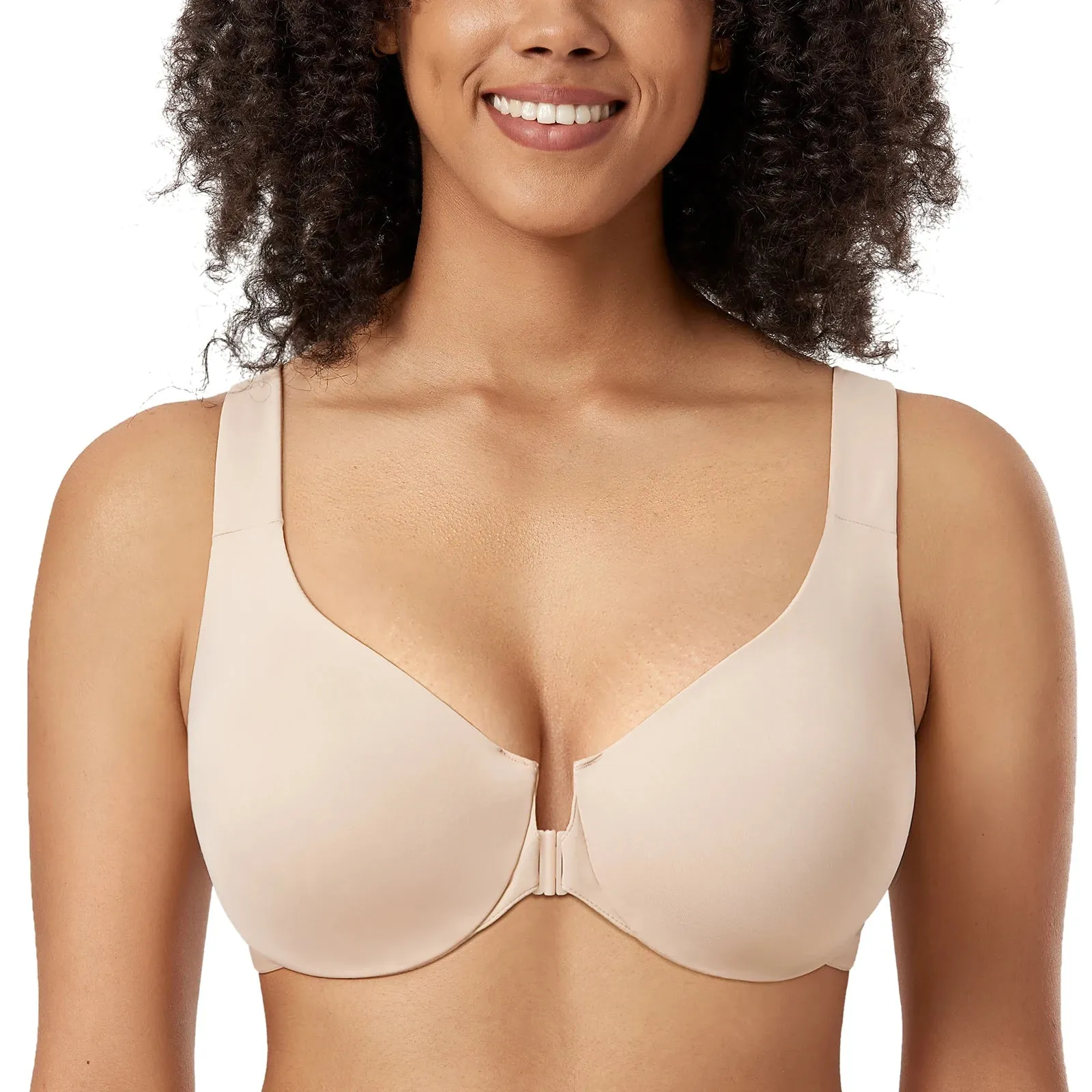 Plus Size Seamless Front Closure Bra | Full Coverage Racerback Non-Padded Plunge