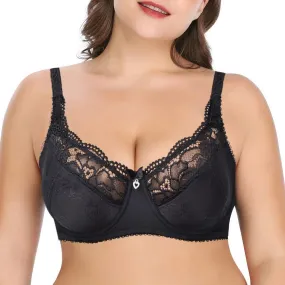 Plus Size Sheer Lace Underwire Bra | Full Cup Unpadded Mesh Embroidery