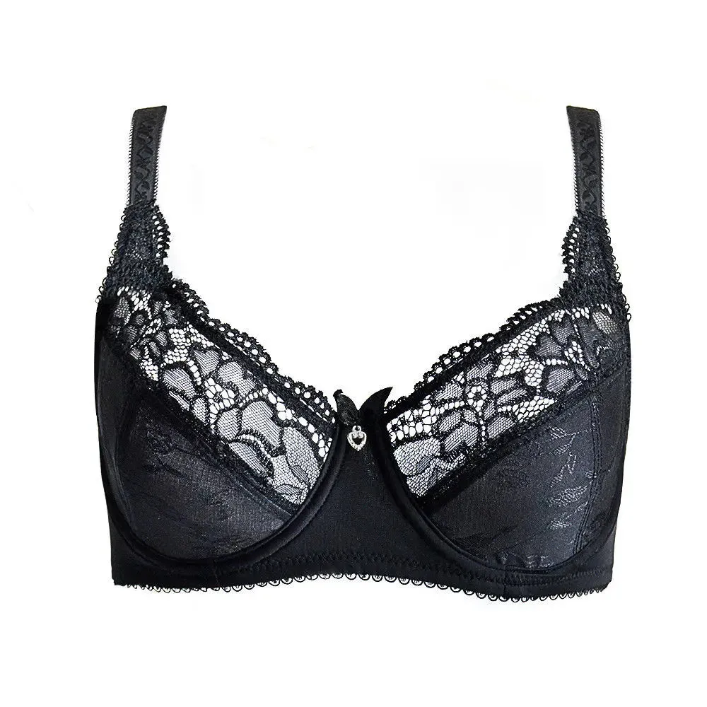 Plus Size Sheer Lace Underwire Bra | Full Cup Unpadded Mesh Embroidery