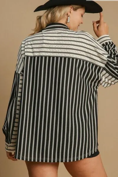 Pointelle Striped Button-Up Blouse – Chic Collared Long-Sleeve Top
