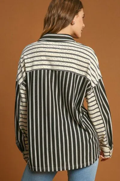 Pointelle Striped Button-Up Blouse – Chic Collared Long-Sleeve Top