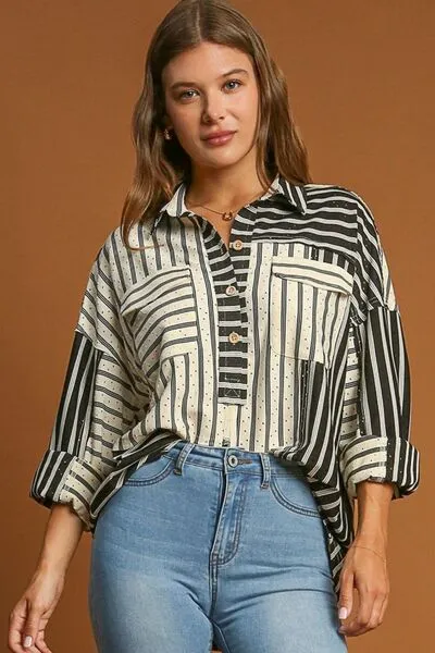 Pointelle Striped Button-Up Blouse – Chic Collared Long-Sleeve Top