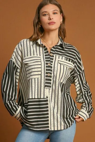 Pointelle Striped Button-Up Blouse – Chic Collared Long-Sleeve Top