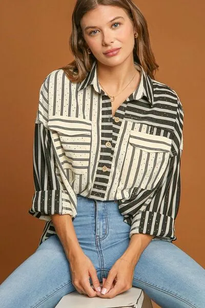 Pointelle Striped Button-Up Blouse – Chic Collared Long-Sleeve Top