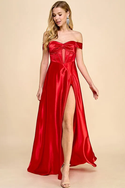 Red Off Shoulder Corset Shiny Satin Slit Maxi Dress