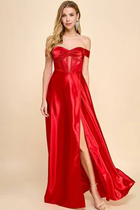 Red Off Shoulder Corset Shiny Satin Slit Maxi Dress
