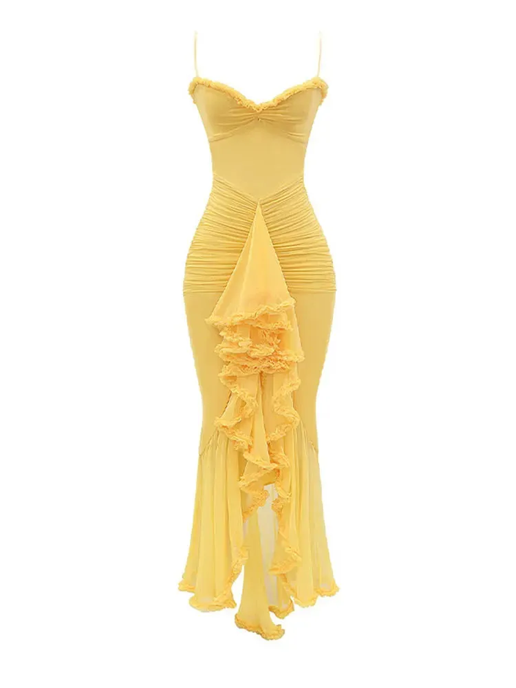 Ruffles Hem Pleated Sling Maxi Dress Sexy Sleeveless Backless Slim Robes