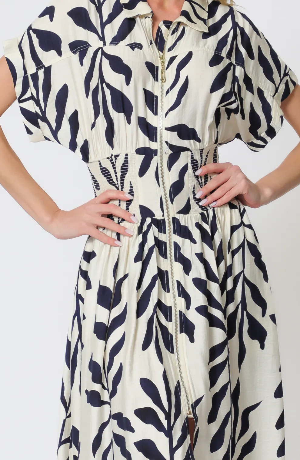 Short Dolman Sleeve Front Zipper Elastic Waisted Midi Dress