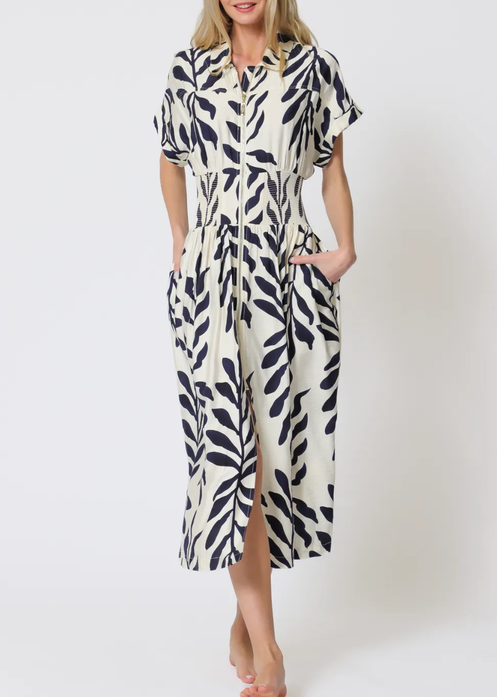 Short Dolman Sleeve Front Zipper Elastic Waisted Midi Dress