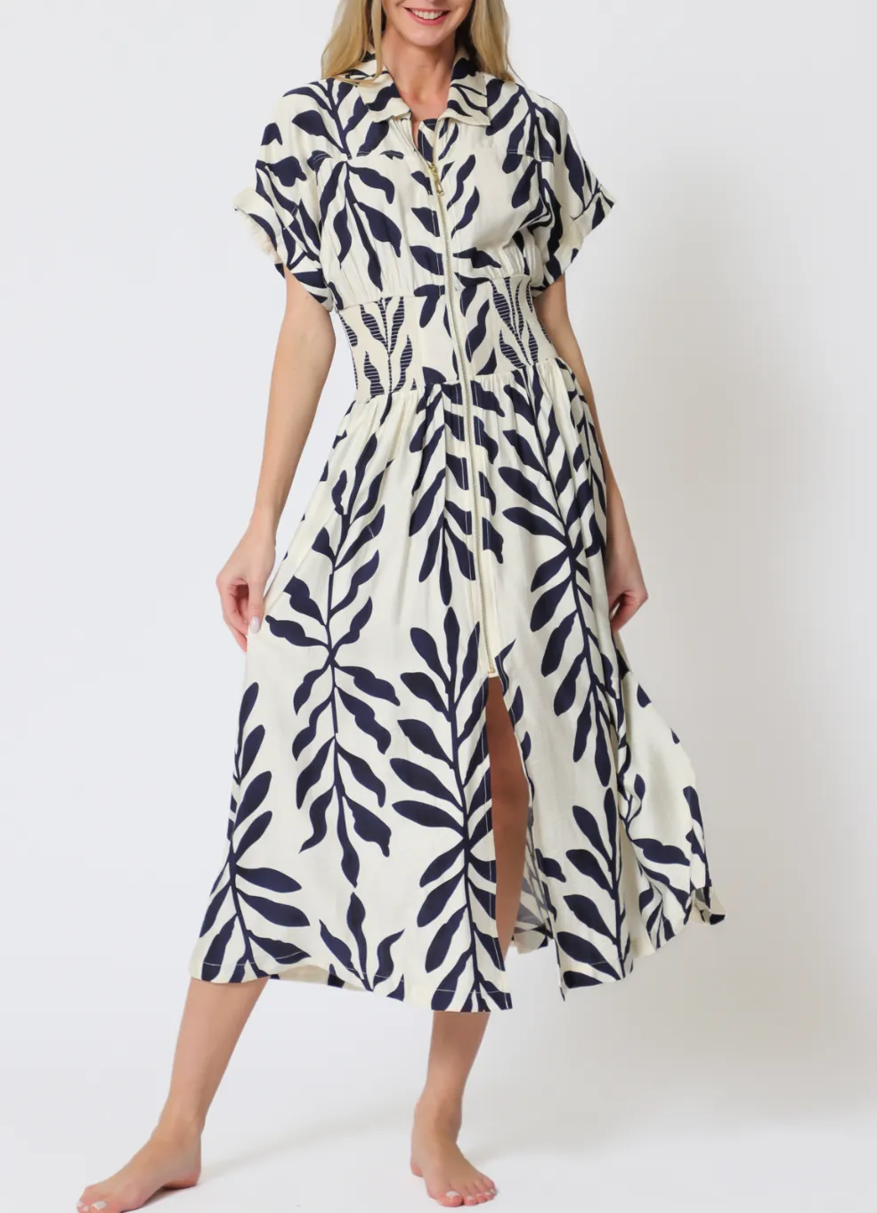 Short Dolman Sleeve Front Zipper Elastic Waisted Midi Dress