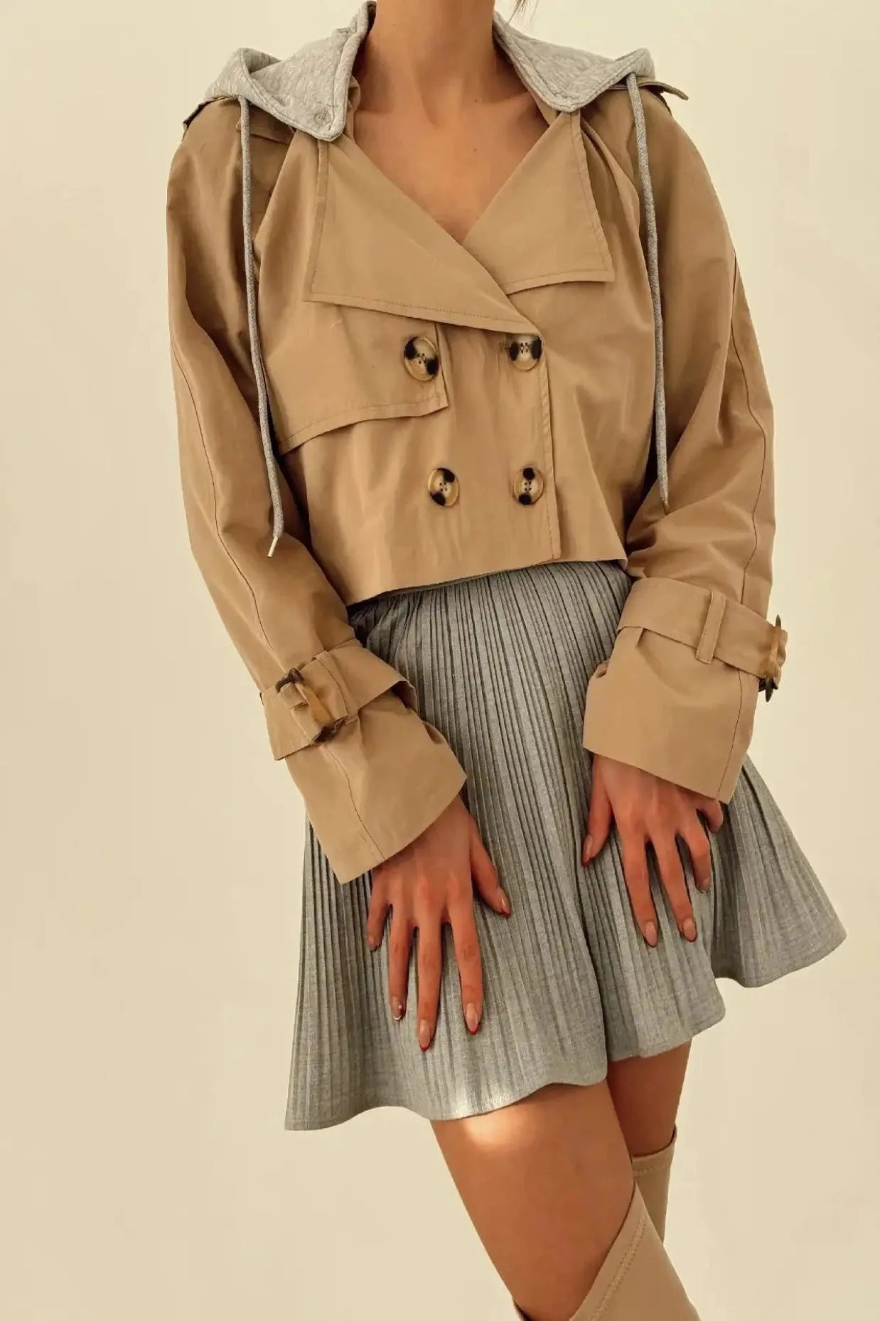 SHORT HOODED TRENCH COAT JACKET - TAUPE