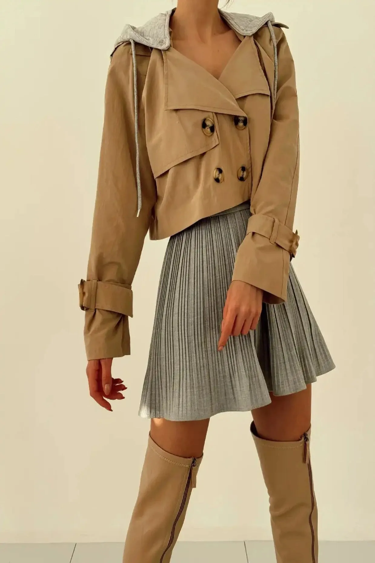 SHORT HOODED TRENCH COAT JACKET - TAUPE