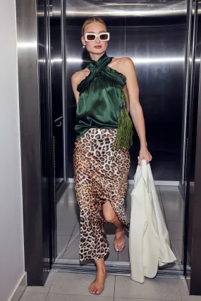 Silk Slit Skirt In Leopard