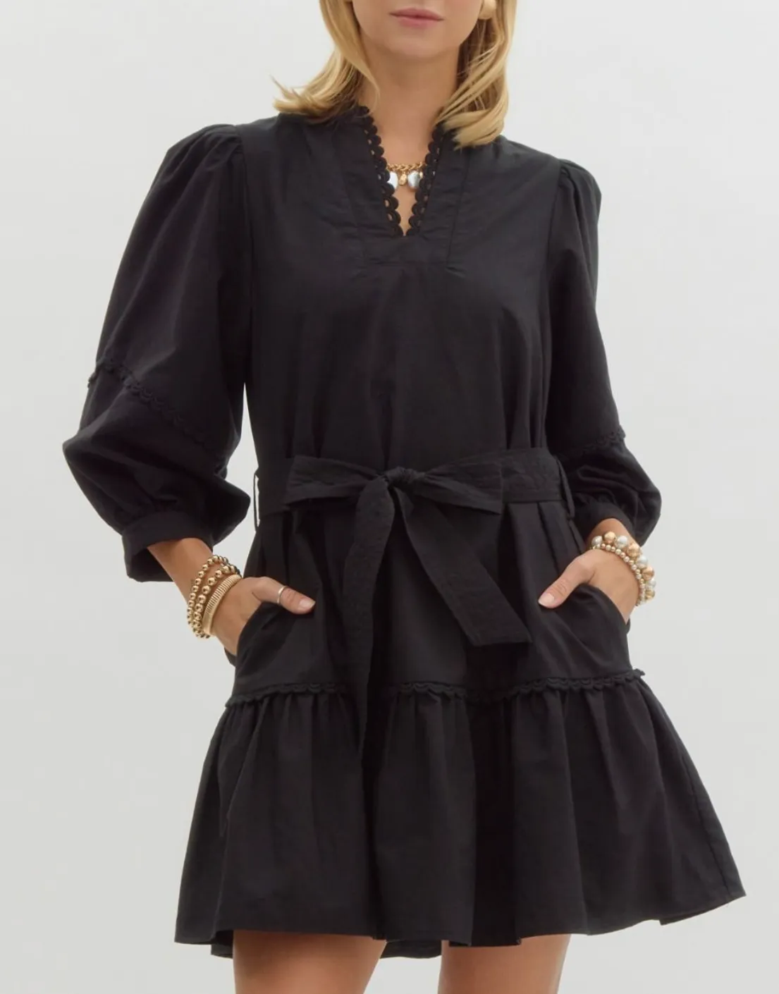Solid V-Neck 3/4 Sleeve Mini Dress Featuring Scallop Trim