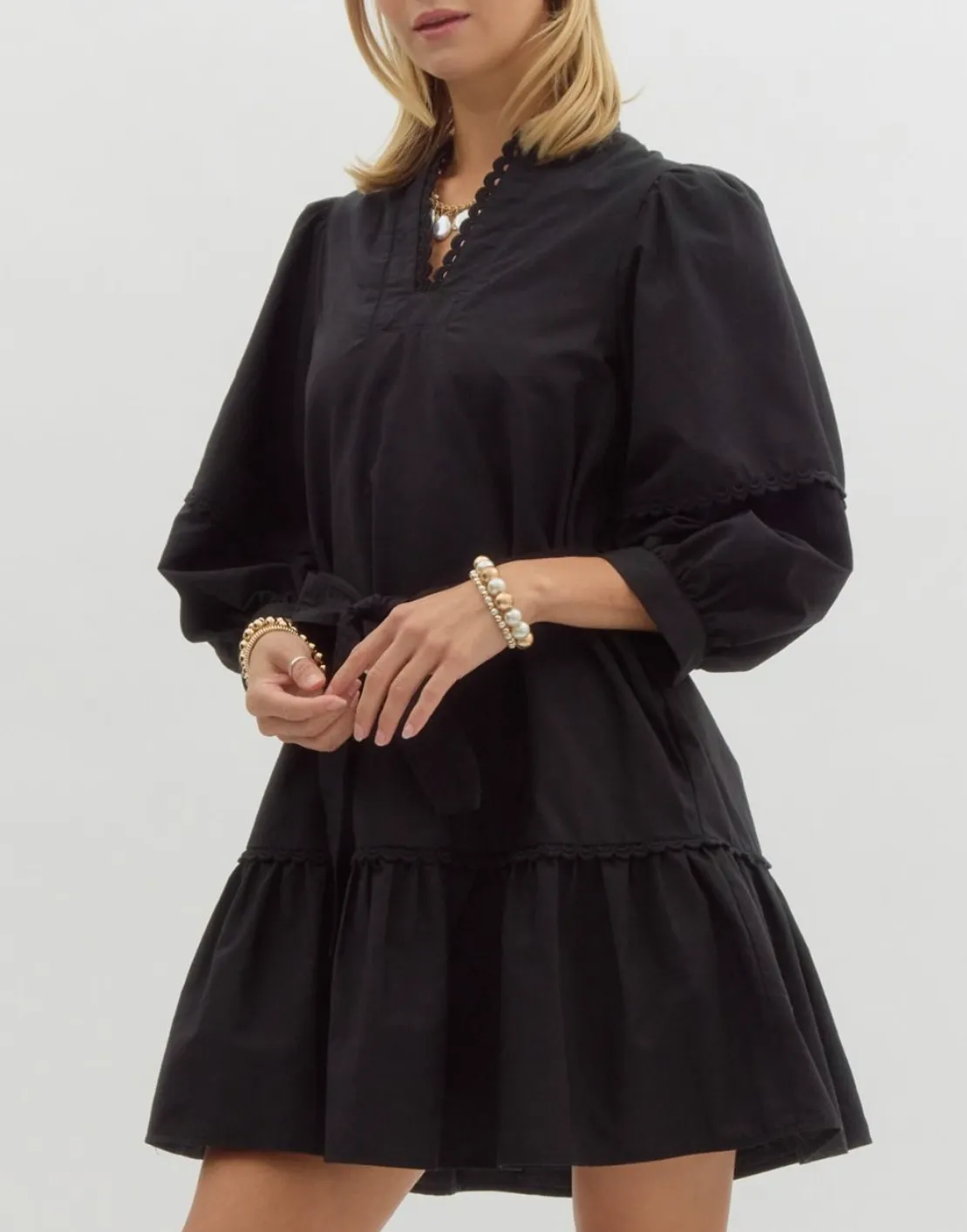 Solid V-Neck 3/4 Sleeve Mini Dress Featuring Scallop Trim