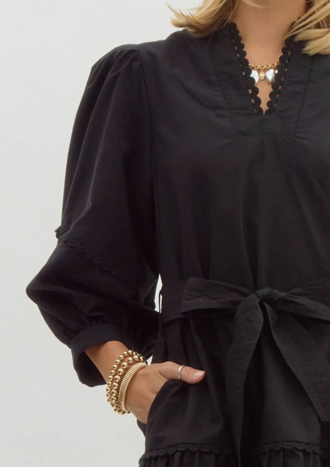 Solid V-Neck 3/4 Sleeve Mini Dress Featuring Scallop Trim
