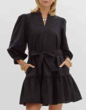 Solid V-Neck 3/4 Sleeve Mini Dress Featuring Scallop Trim