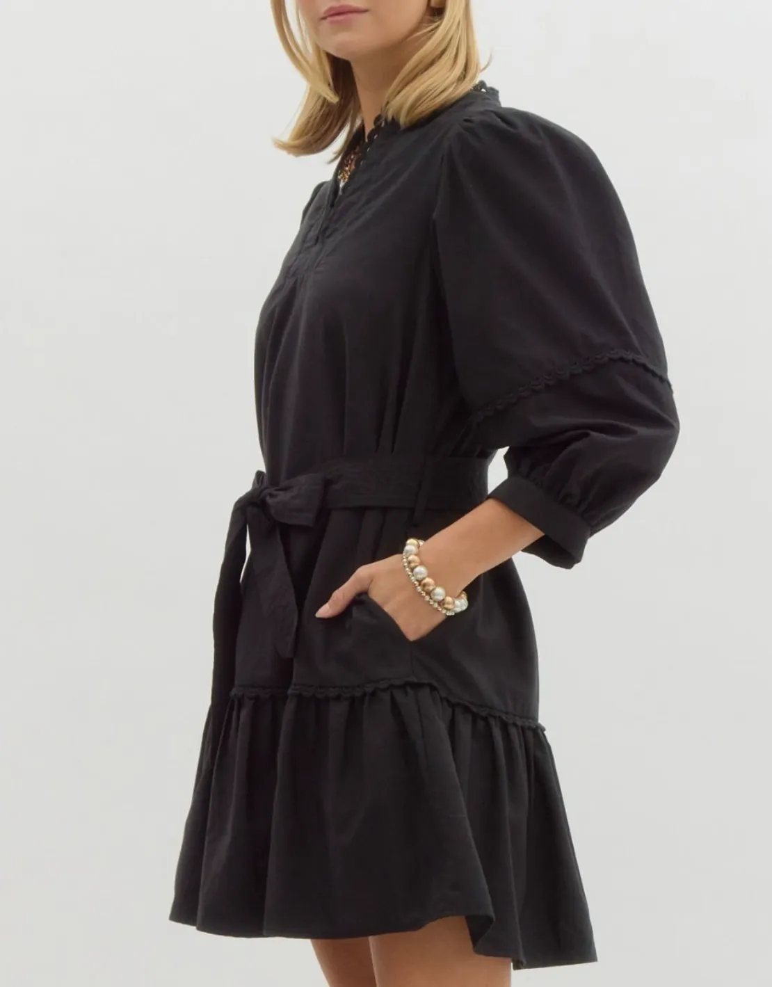 Solid V-Neck 3/4 Sleeve Mini Dress Featuring Scallop Trim