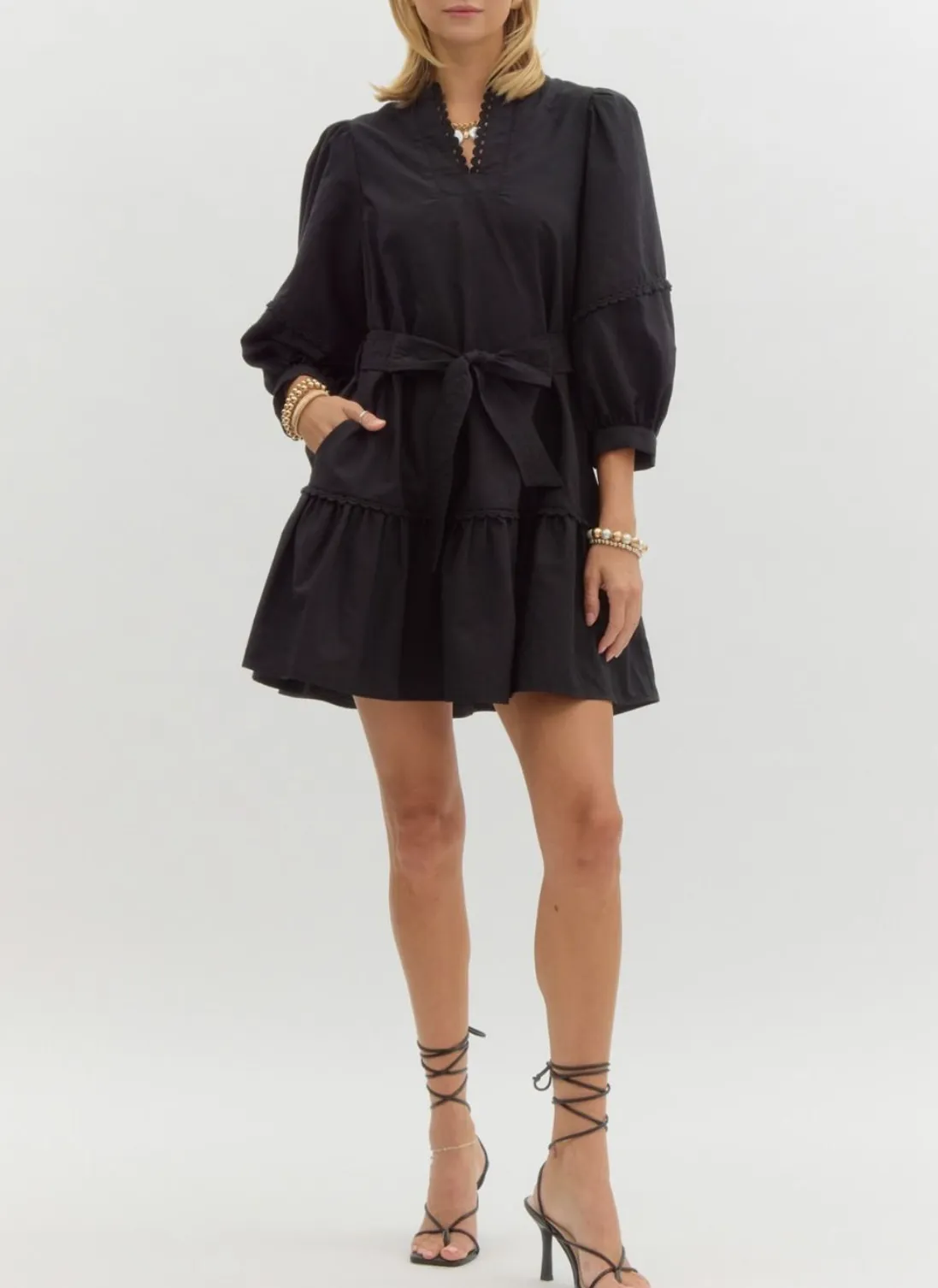 Solid V-Neck 3/4 Sleeve Mini Dress Featuring Scallop Trim