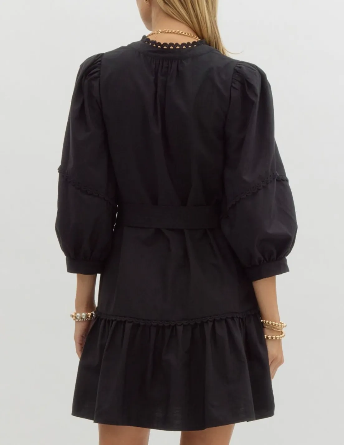 Solid V-Neck 3/4 Sleeve Mini Dress Featuring Scallop Trim